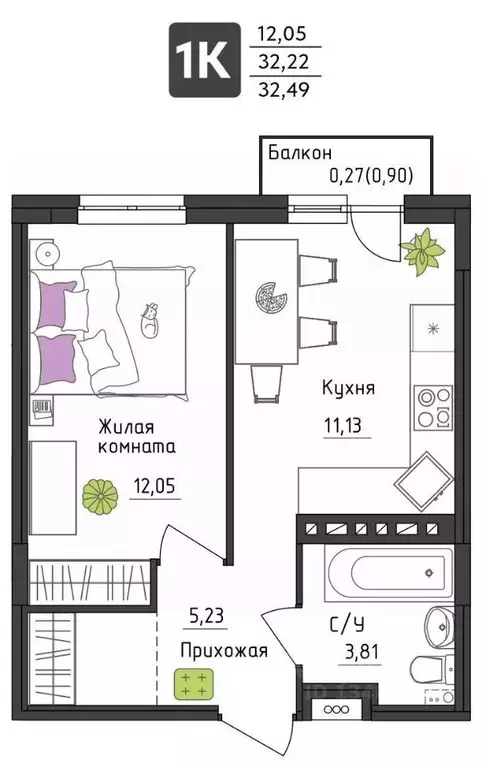 1-к кв. Пермский край, Пермь Верхне-Вишерская ул., 40 (32.49 м) - Фото 1