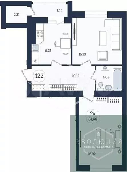 2-к. квартира, 61,7 м, 2/9 эт. - Фото 0