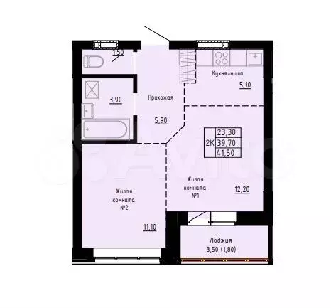 2-к. квартира, 41,5 м, 6/9 эт. - Фото 0