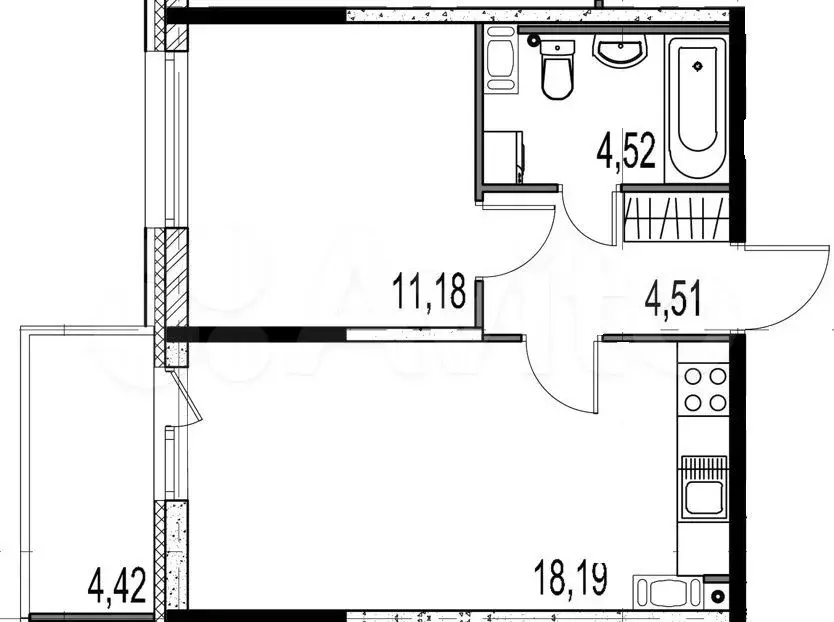 1-к. квартира, 42,8 м, 8/9 эт. - Фото 0