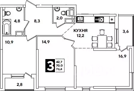 3-к кв. Краснодарский край, Краснодар ул. Ивана Беличенко, 95к1 (70.0 ... - Фото 0