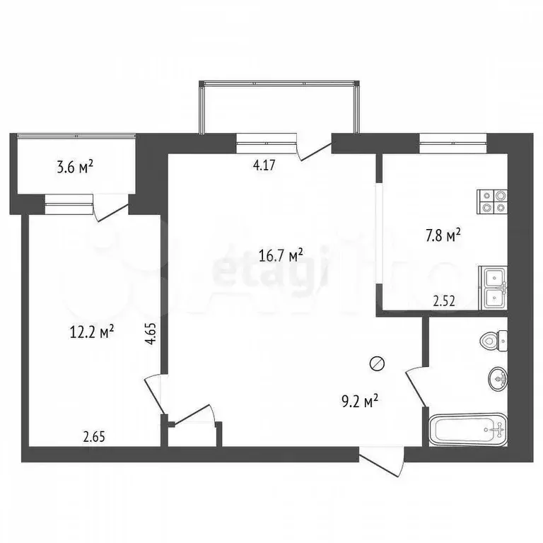 2-к. квартира, 52 м, 5/9 эт. - Фото 0