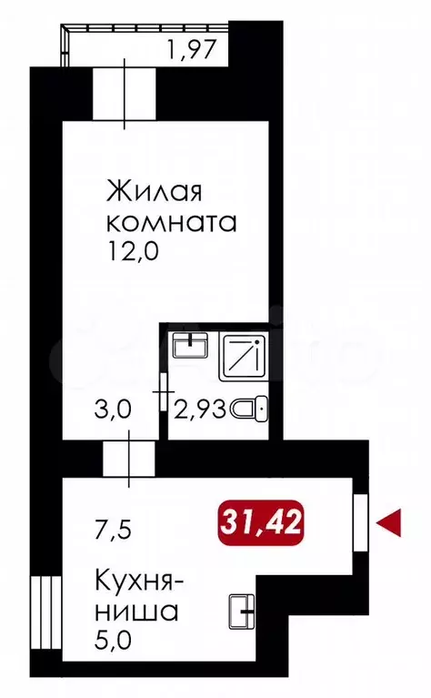 1-к. квартира, 31,4 м, 5/14 эт. - Фото 0