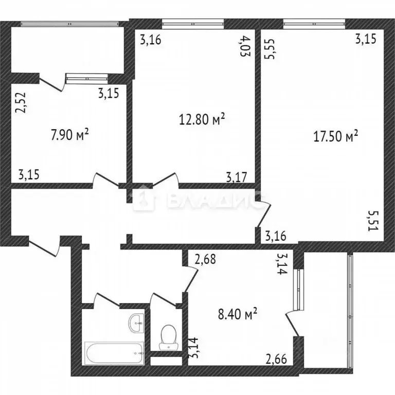 3-к кв. Белгородская область, Белгород ул. Есенина, 52 (63.2 м) - Фото 2