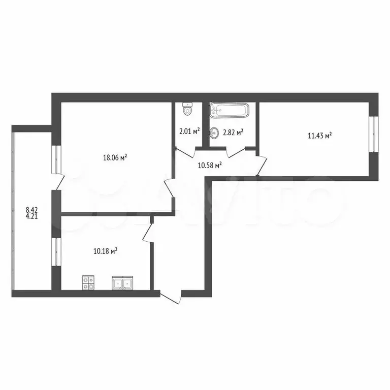 2-к. квартира, 53,7 м, 4/9 эт. - Фото 0