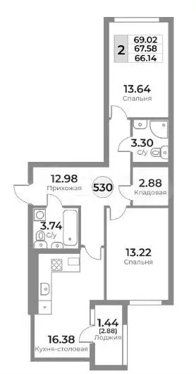 2-к. квартира, 69 м, 6/10 эт. - Фото 1