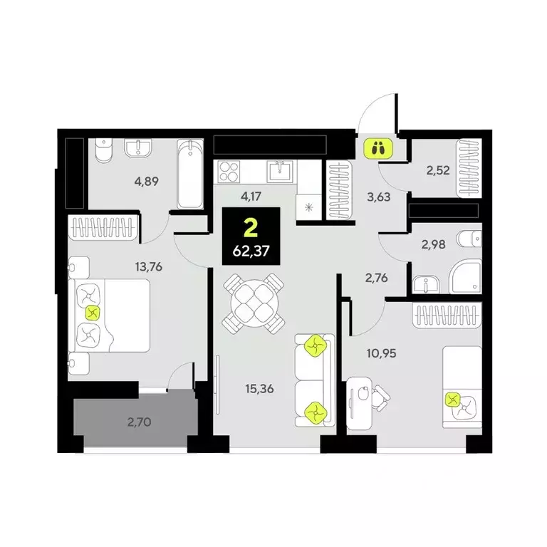 2-к кв. Тюменская область, Тюмень ул. Андрея Приказнова, 1 (62.37 м) - Фото 0