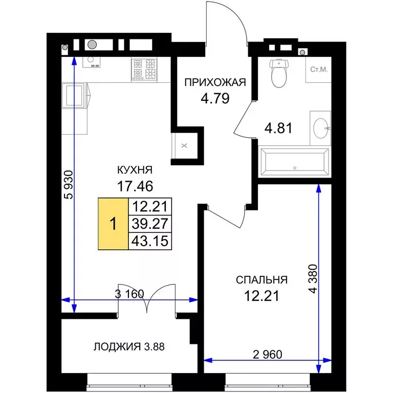 1-комнатная квартира: Гурьевск, жилой комплекс Включи (43.15 м) - Фото 0