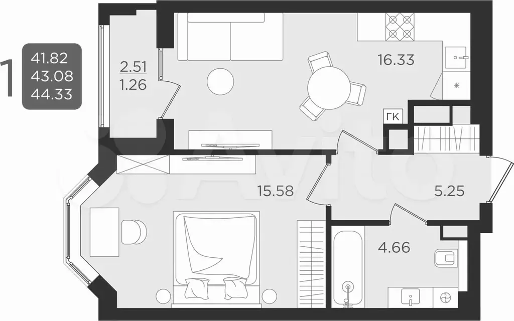 1-к. квартира, 43,1 м, 2/9 эт. - Фото 1