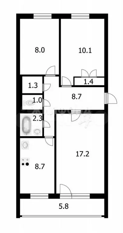 3-к. квартира, 58,7 м, 2/2 эт. - Фото 0