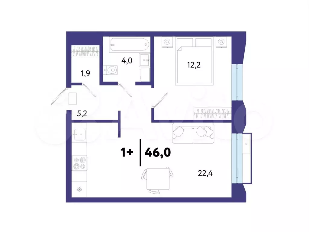 2-к. квартира, 46 м, 9/25 эт. - Фото 1