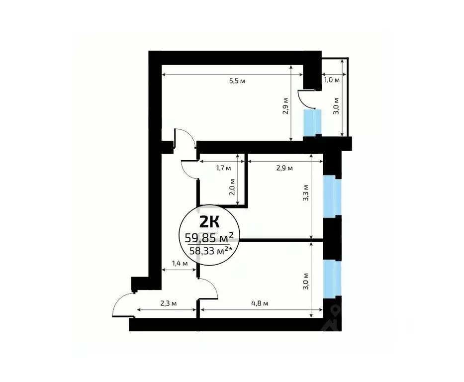 2-к кв. Самарская область, Самара пос. Мехзавод, 1-й кв-л, 50 (59.85 ... - Фото 2