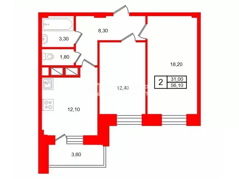2-к кв. Санкт-Петербург Туристская ул., 20к2 (56.1 м) - Фото 2