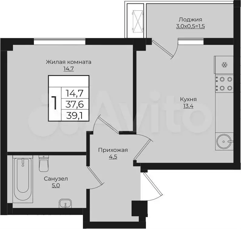 1-к. квартира, 39,1 м, 1/9 эт. - Фото 1