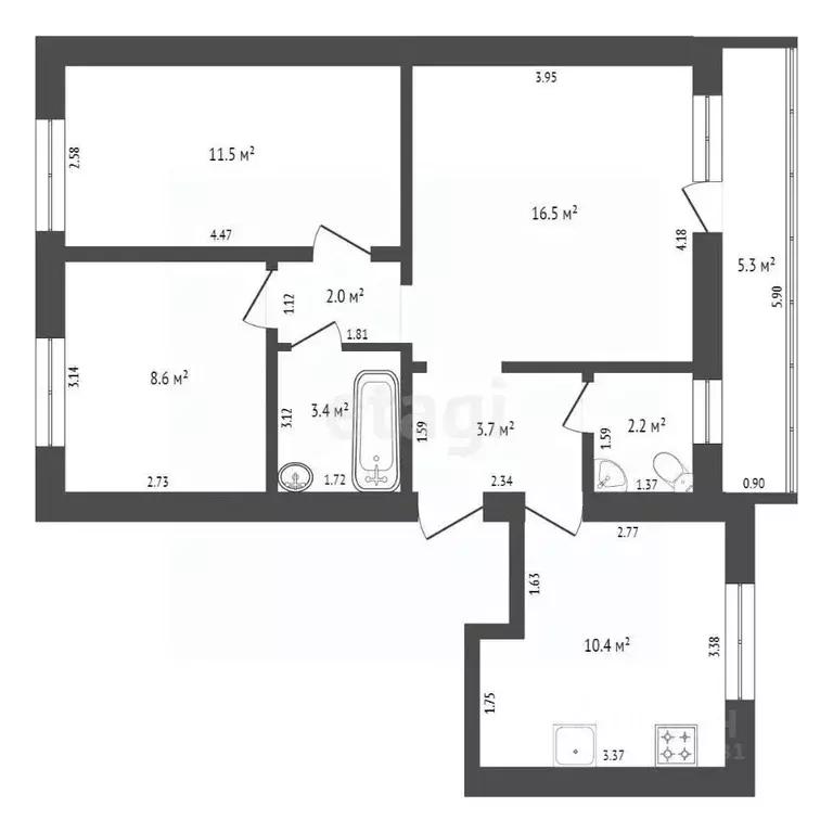 3-к кв. Ростовская область, Батайск ул. Энгельса, 39 (67.0 м) - Фото 2