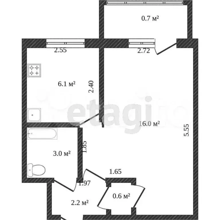 1-к. квартира, 27,6 м, 4/5 эт. - Фото 0