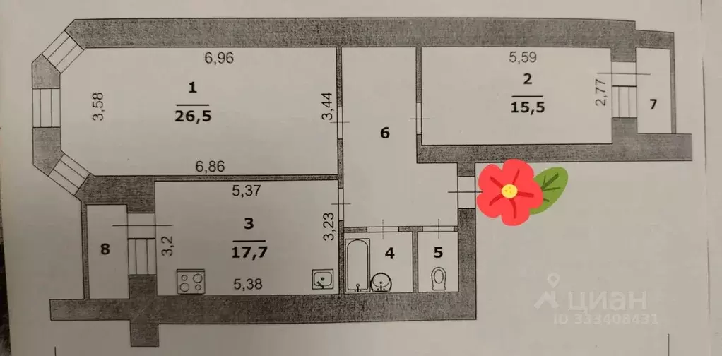 2-к кв. Белгородская область, Белгород ул. Есенина, 20в (77.8 м) - Фото 2