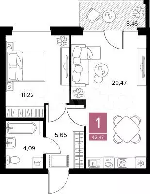 1-к. квартира, 42,5 м, 7/9 эт. - Фото 0
