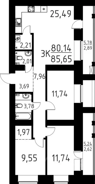 3-к кв. Томская область, Томск ул. Вершинина, 58к1 (85.65 м) - Фото 1