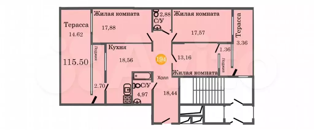 3-к. квартира, 123,6 м, 2/12 эт. - Фото 1