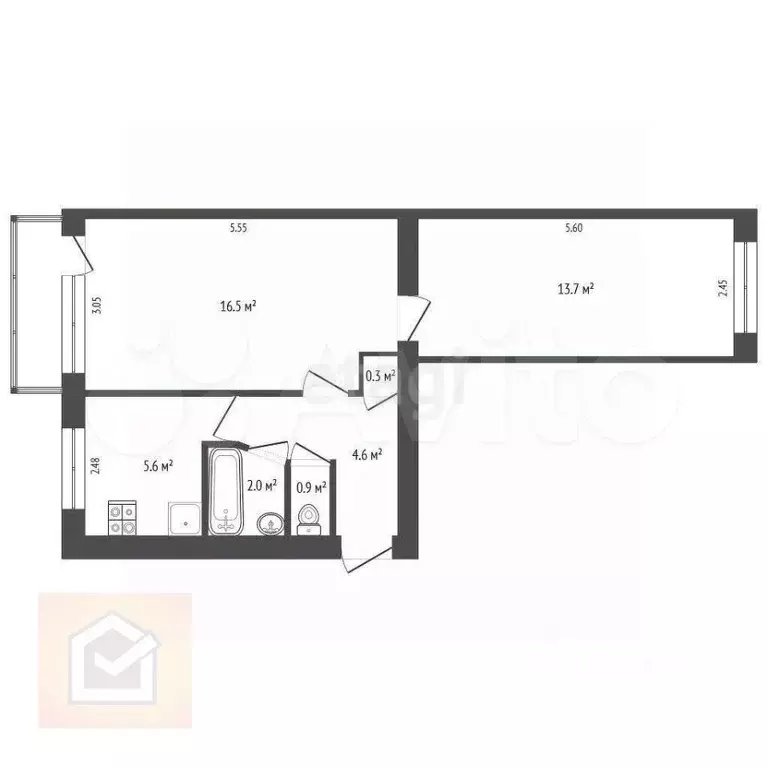 2-к. квартира, 45,1 м, 4/5 эт. - Фото 0