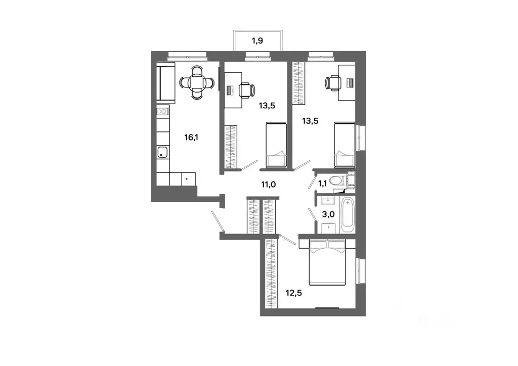 3-к кв. Ханты-Мансийский АО, Сургут 30А мкр,  (71.27 м) - Фото 0
