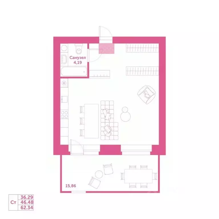 Студия Новосибирская область, Кольцово рп, Спектр мкр 11 (46.48 м) - Фото 1