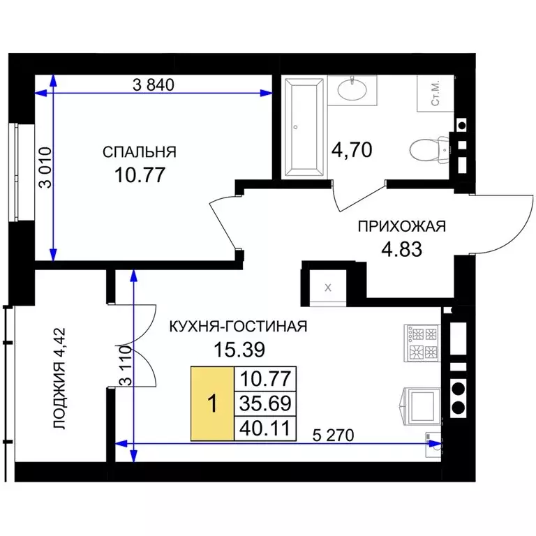 1-комнатная квартира: Гурьевск, жилой комплекс Включи (40.11 м) - Фото 0