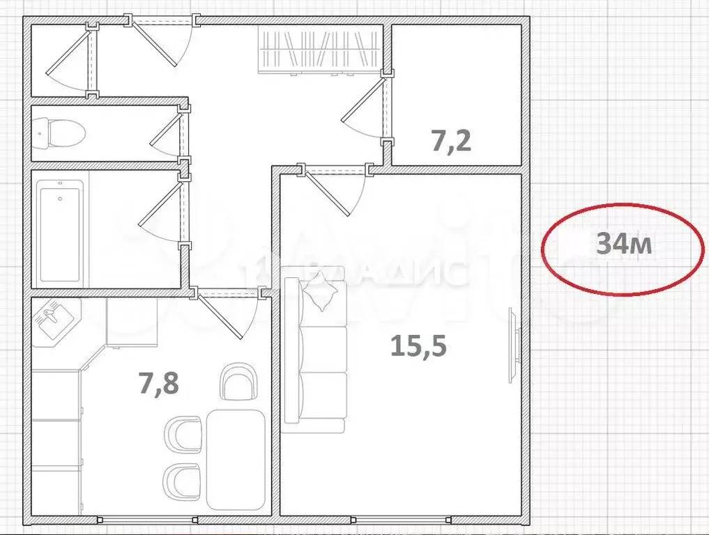1-к. квартира, 34 м, 5/5 эт. - Фото 0