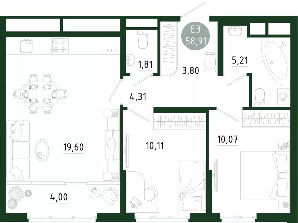 2-к кв. Тульская область, Тула Платон Парк жилой комплекс (58.91 м) - Фото 1