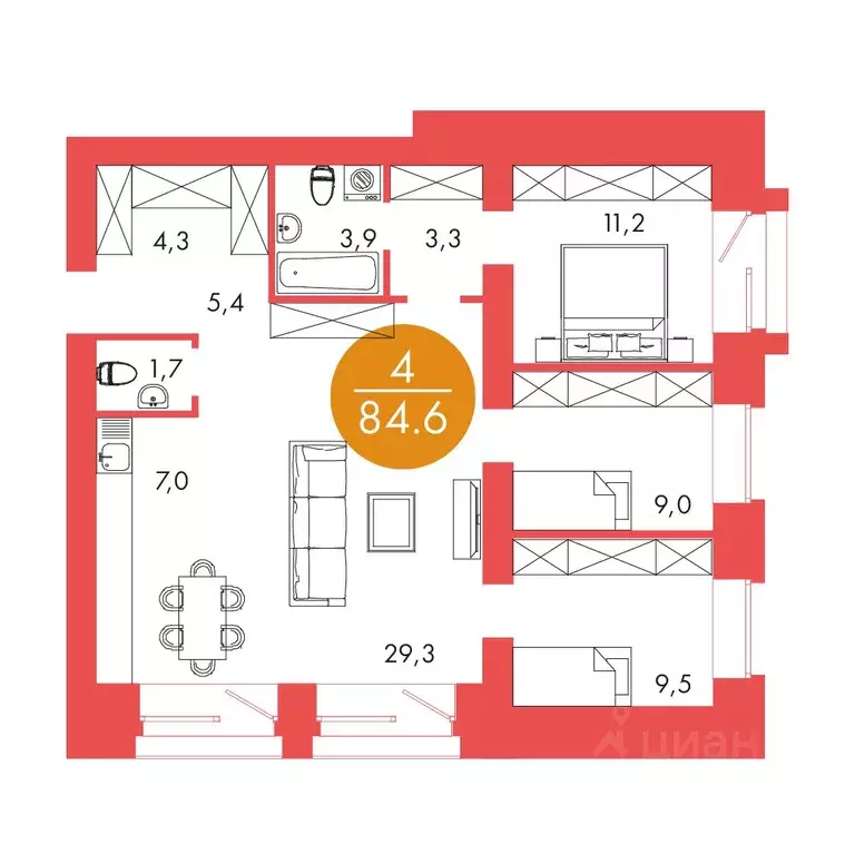 4-к кв. Красноярский край, Красноярск ул. Шахтеров, 33А (84.5 м) - Фото 0