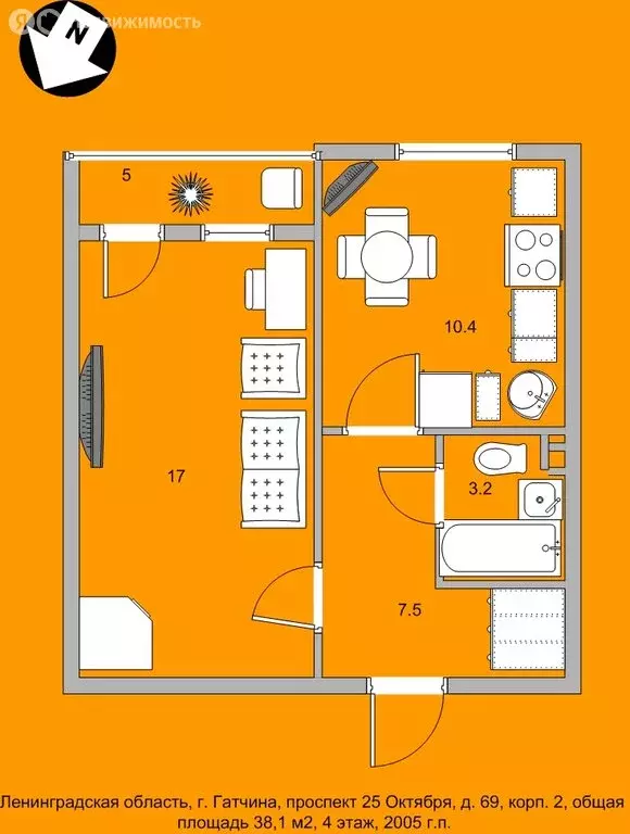 1-комнатная квартира: Гатчина, проспект 25 Октября, 69к2 (38 м) - Фото 1