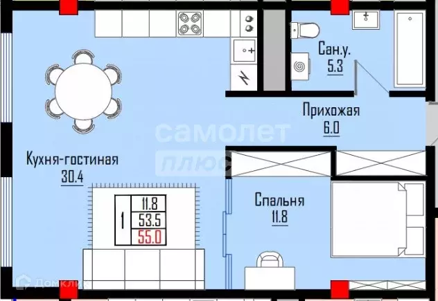 Продаётся 1-к квартира, 55 м - Фото 0