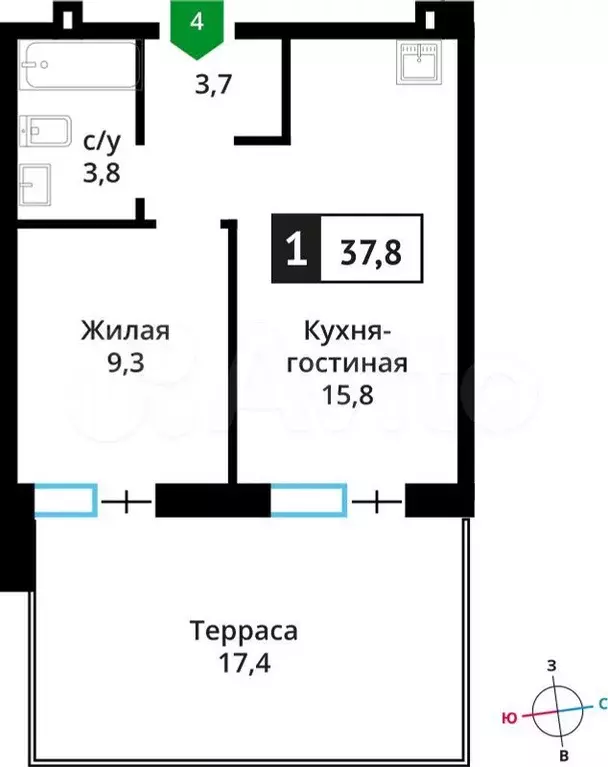 1-к. квартира, 37,8 м, 1/6 эт. - Фото 0
