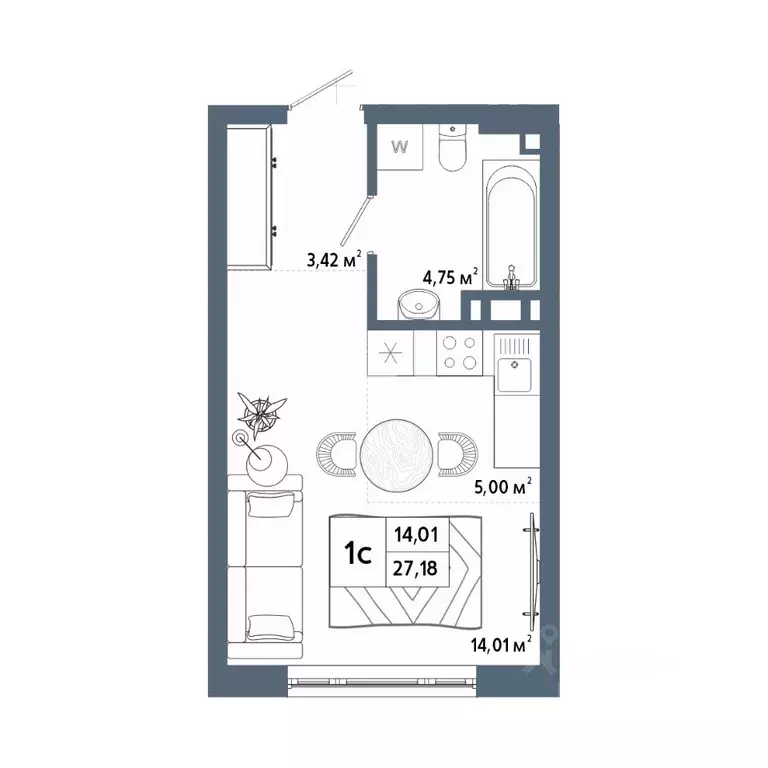 Студия Башкортостан, Уфа 42-й кв-л,  (27.04 м) - Фото 1