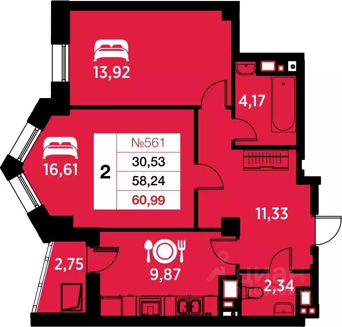 2-к кв. Калининградская область, Калининград ул. Гайдара, 94 (60.99 м) - Фото 0