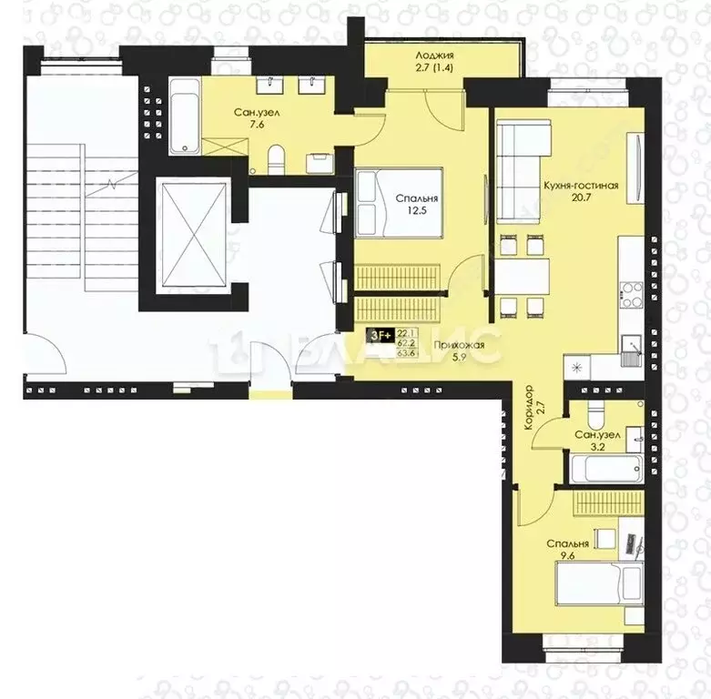 2-комнатная квартира: Вологда, улица Пугачёва, 48 (62.7 м) - Фото 1
