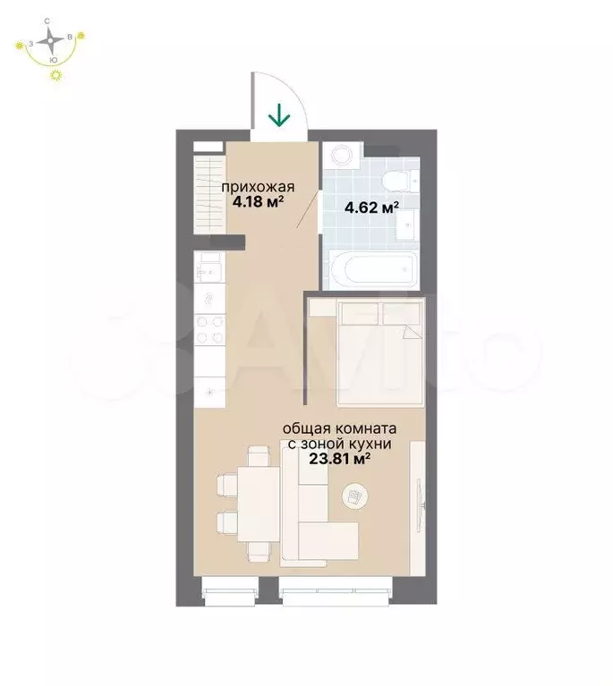 Квартира-студия, 32,6 м, 3/26 эт. - Фото 0