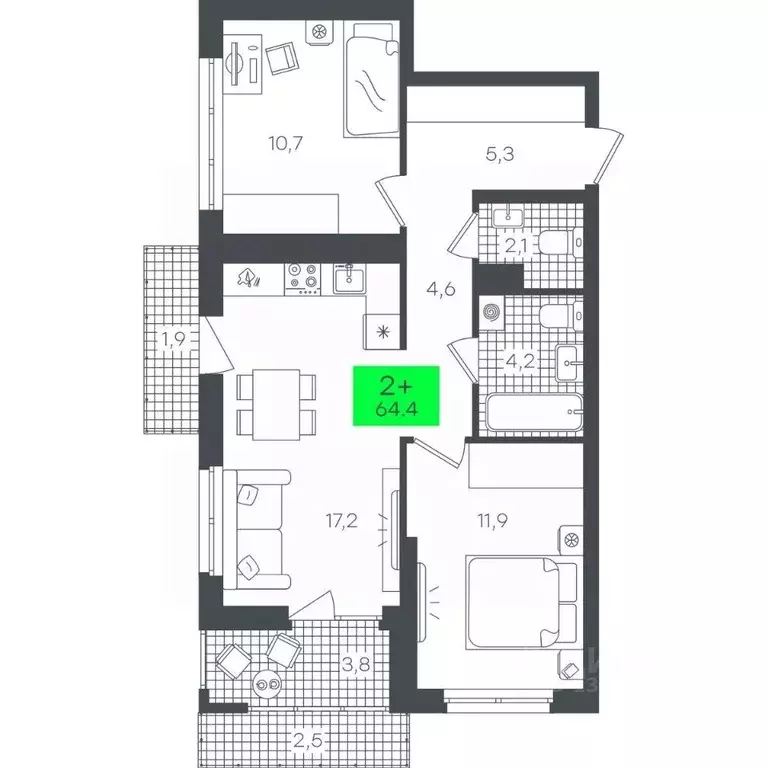 2-к кв. Тюменская область, Тюмень ул. Василия Малкова, 19 (64.48 м) - Фото 0