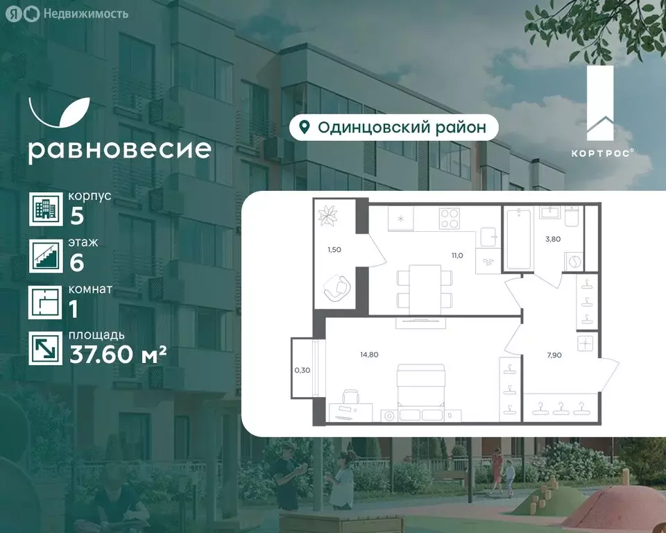 1-комнатная квартира: село Перхушково, микрорайон Равновесие, 5 (37.6 ... - Фото 1