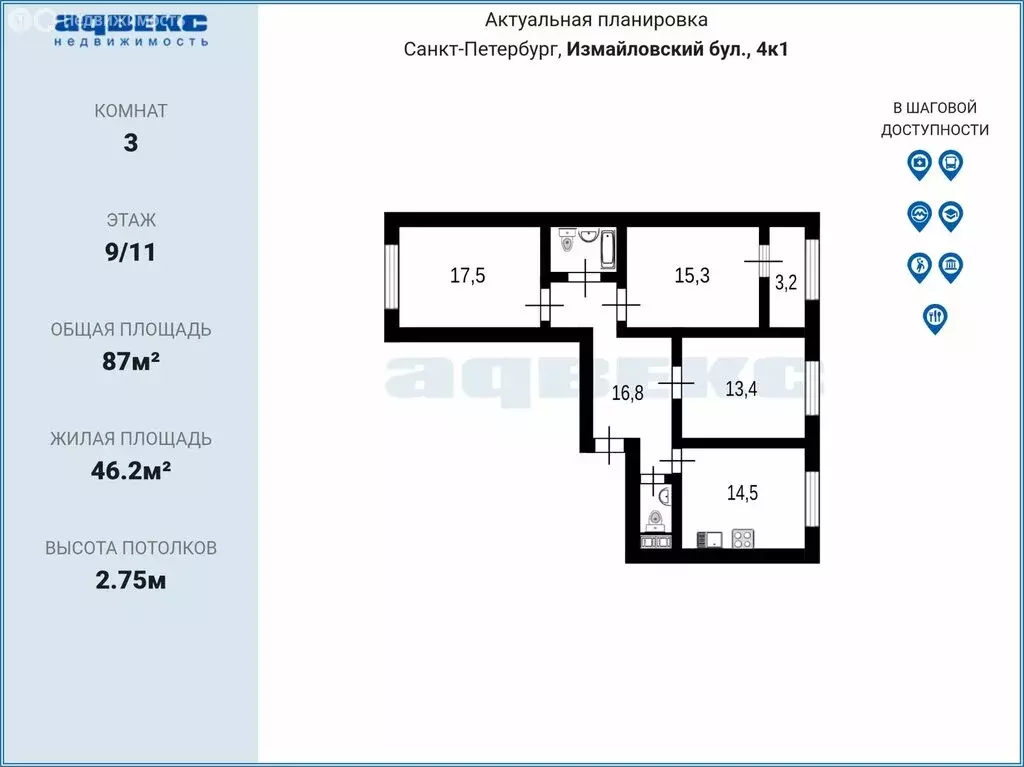 3-комнатная квартира: Санкт-Петербург, Измайловский бульвар, 4к1 (85 ... - Фото 0