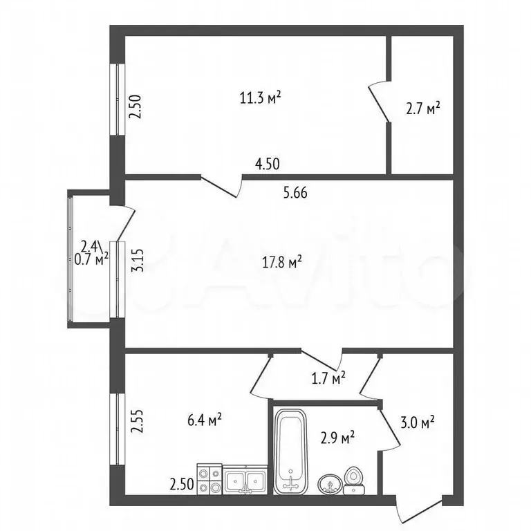2-к. квартира, 45,6 м, 5/5 эт. - Фото 0