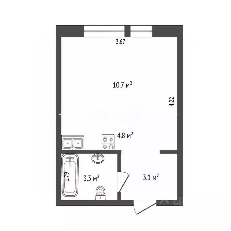 Студия Тюменская область, Тюмень Полевая ул., 117к8 (21.9 м) - Фото 1