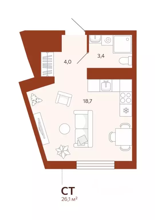 Студия Тюменская область, Тюмень ул. Новаторов, 30 (26.1 м) - Фото 1