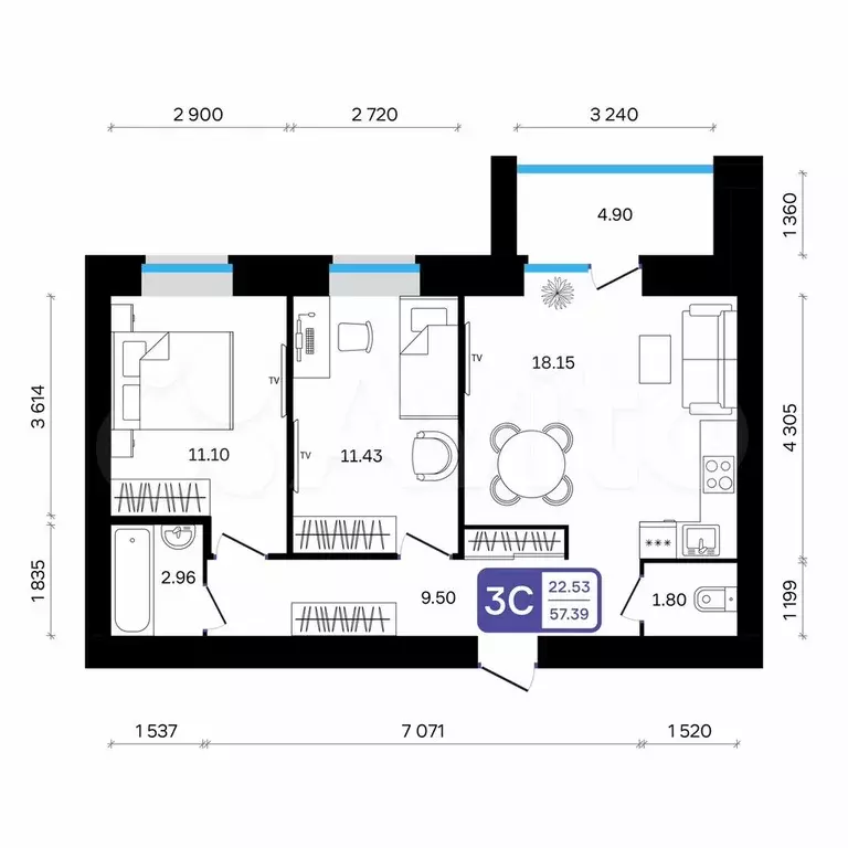 3-к. квартира, 57,4 м, 9/9 эт. - Фото 0