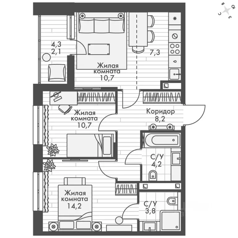 3-к кв. Татарстан, Зеленодольский район, Октябрьское с/пос, пос. ... - Фото 2