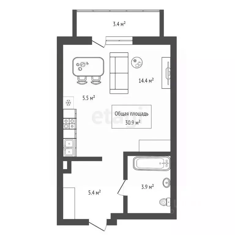 Студия Новосибирская область, Новосибирск ул. Коминтерна, 89 (30.9 м) - Фото 2
