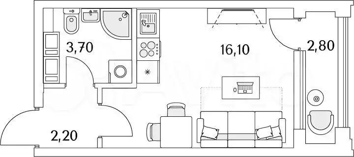 Квартира-студия, 23,4м, 8/13эт. - Фото 1