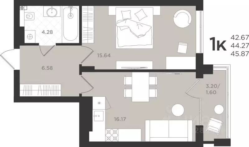1-к кв. Калининградская область, Светлогорск  (44.27 м) - Фото 1