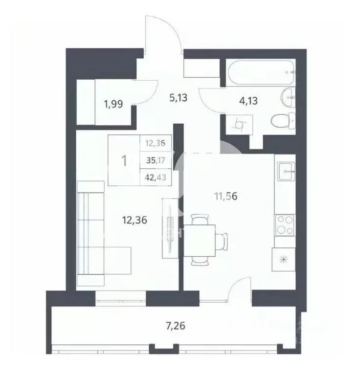 1-к кв. Новосибирская область, Новосибирск ул. Тюленина, 3 (42.43 м) - Фото 2